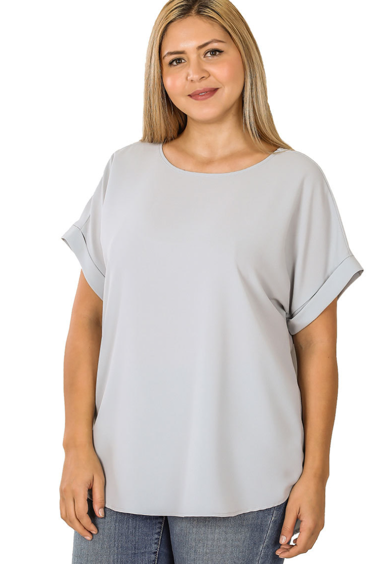 Zenana Light Grey Plus Size Rolled Sleeve Boat Neck Top