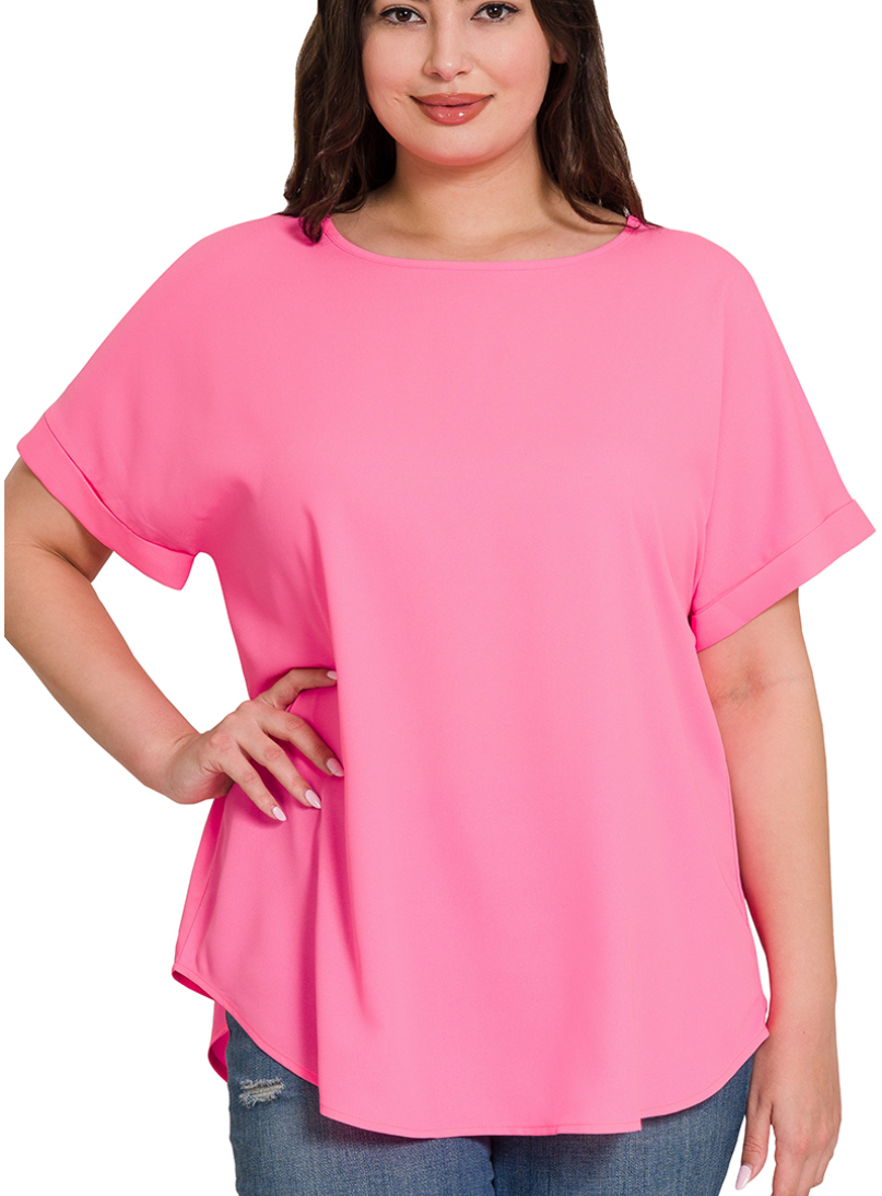 Zenana Neon Fuchsia Plus Size Rolled Sleeve Boat Neck Top