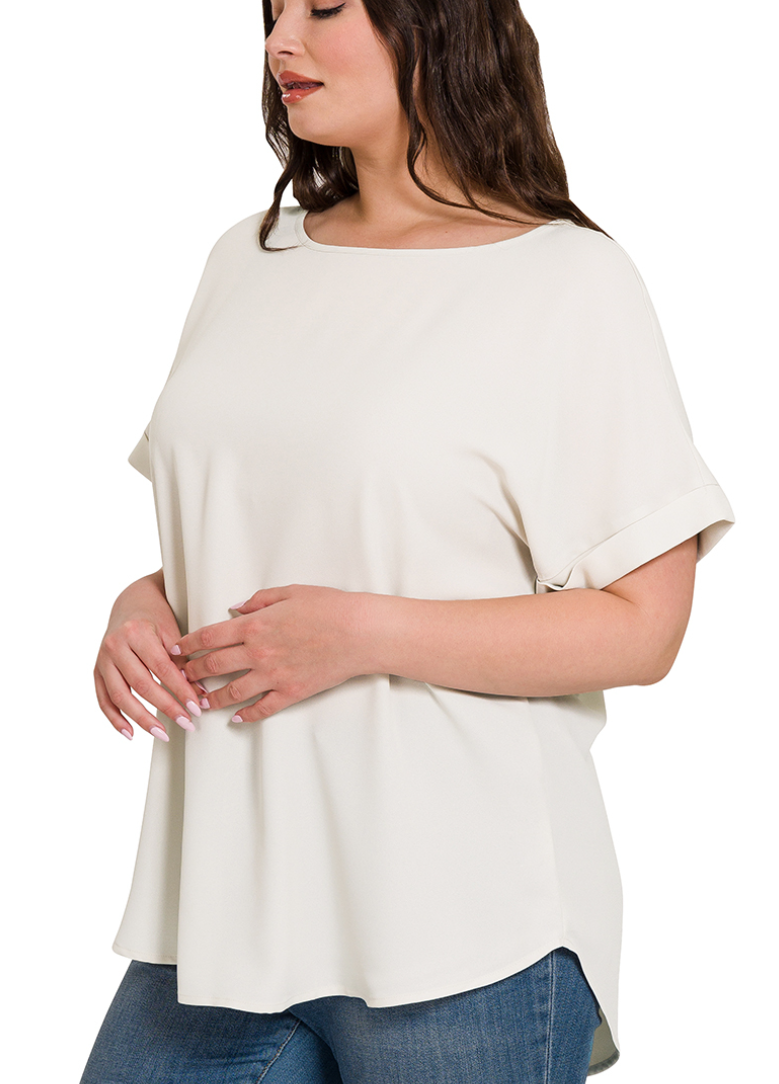 Zenana Bone Plus Size Rolled Sleeve Boat Neck Top
