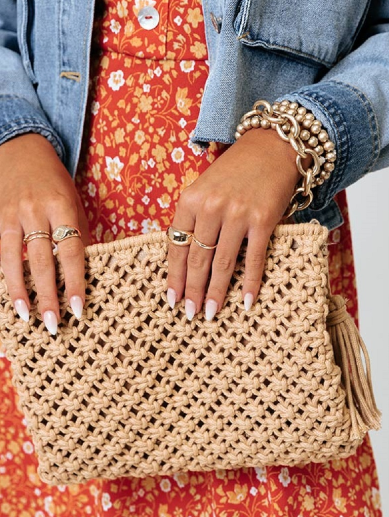 Zenana Camel Woven Bohemian Tassel Clutch