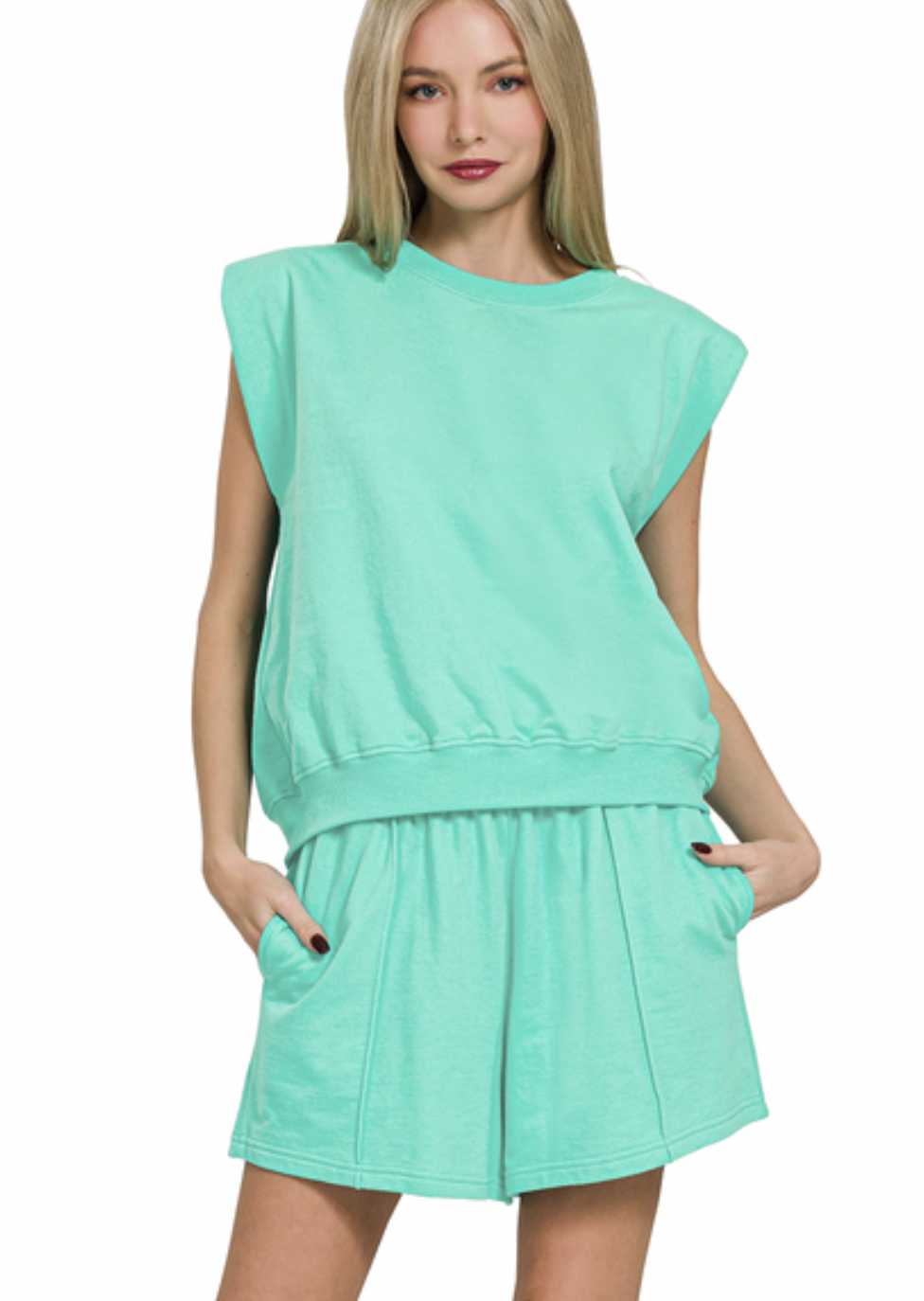 Zenana Mint French Terry Sleeveless Top & Shorts Set