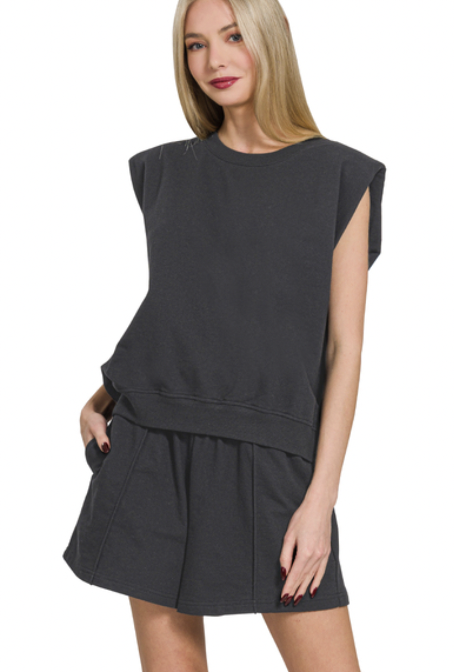 Zenana Black French Terry Sleeveless Top & Shorts Set