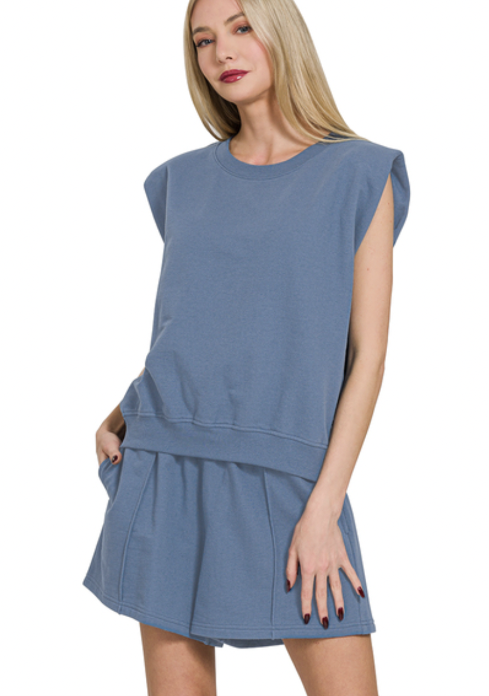 Zenana Dusty Blue French Terry Sleeveless Top & Shorts Set