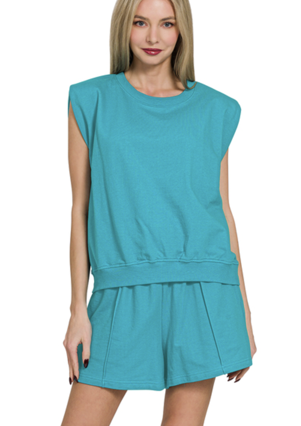 Zenana Light Teal French Terry Sleeveless Top & Shorts Set