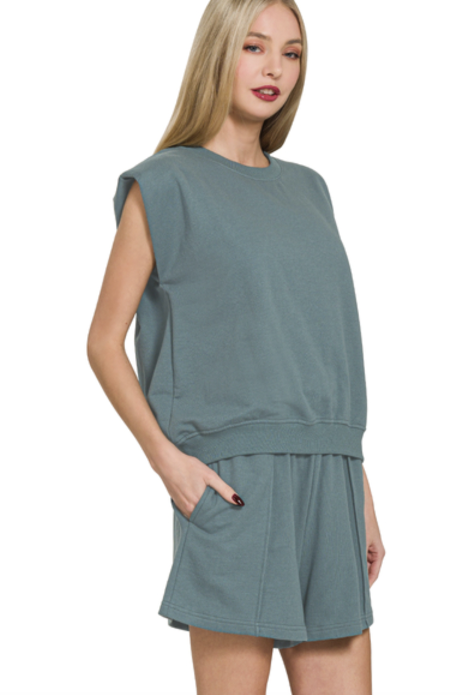 Zenana Ash Jade French Terry Sleeveless Top & Shorts Set
