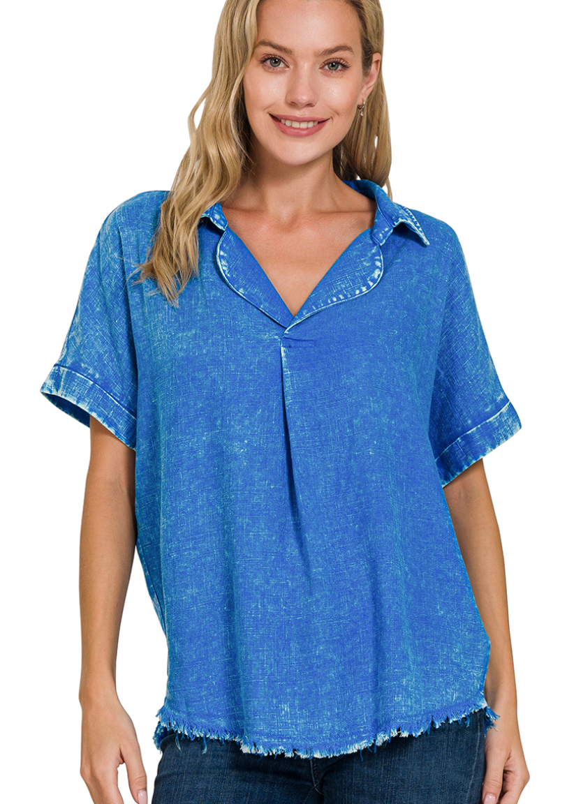 Zenana Ocean Blue Washed Linen Raw Edge V-Neck Shirt