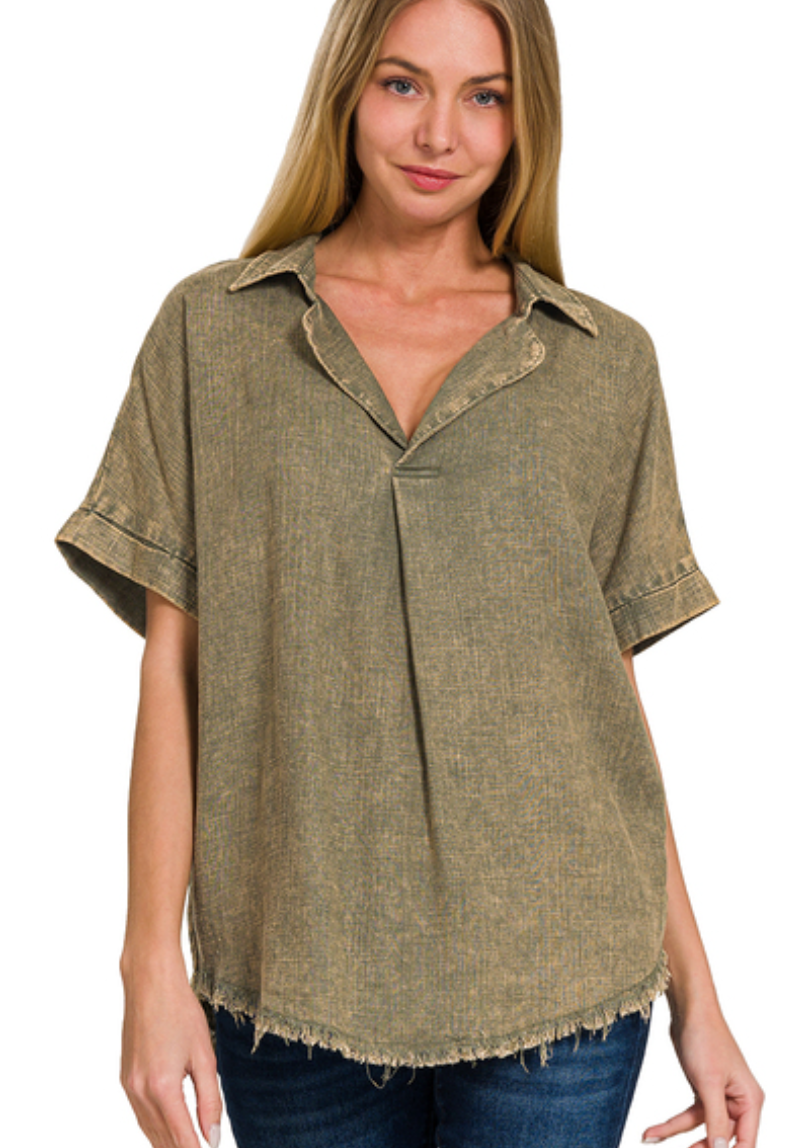 Zenana Light Olive Washed Linen Raw Edge V-Neck Shirt