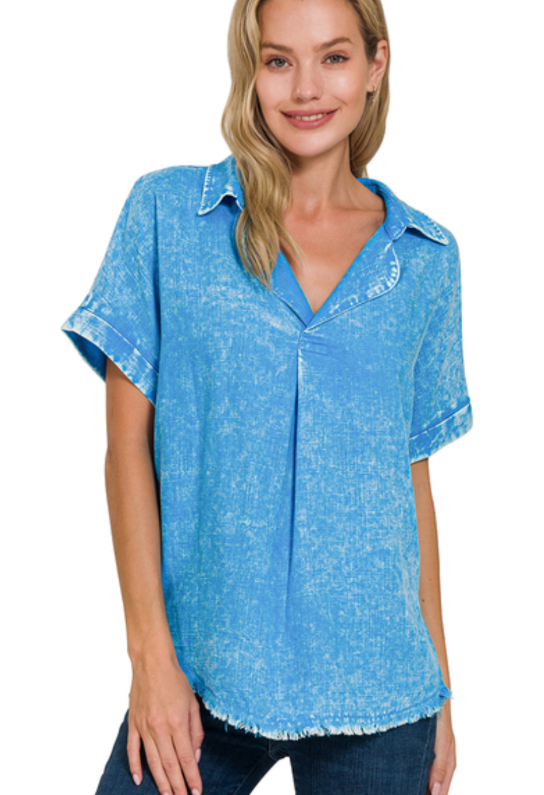 Zenana Sky Blue Washed Linen Raw Edge V-Neck Shirt