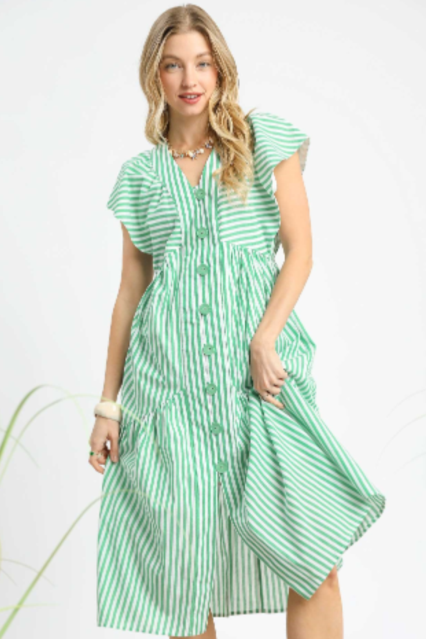 Umgee Striped Flutter Sleeve Dress- Apple Green