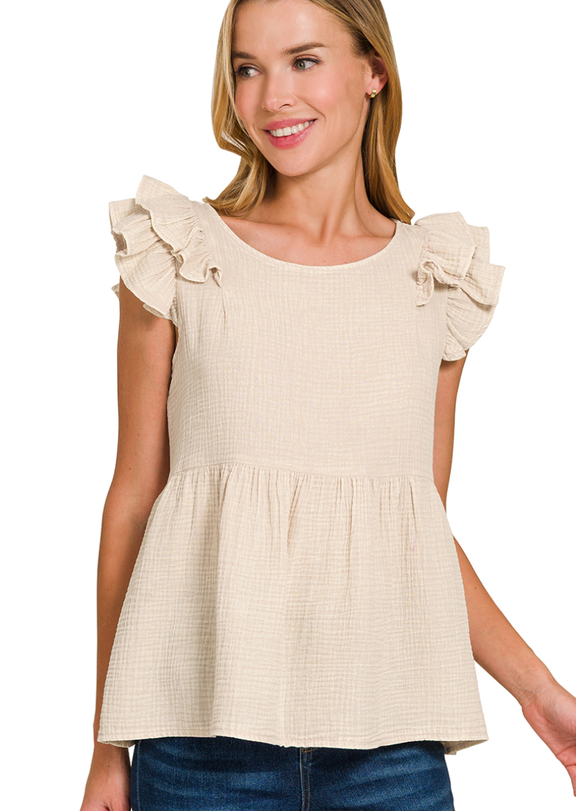 Zenana Sand Beige Tiered Ruffle Peplum Top