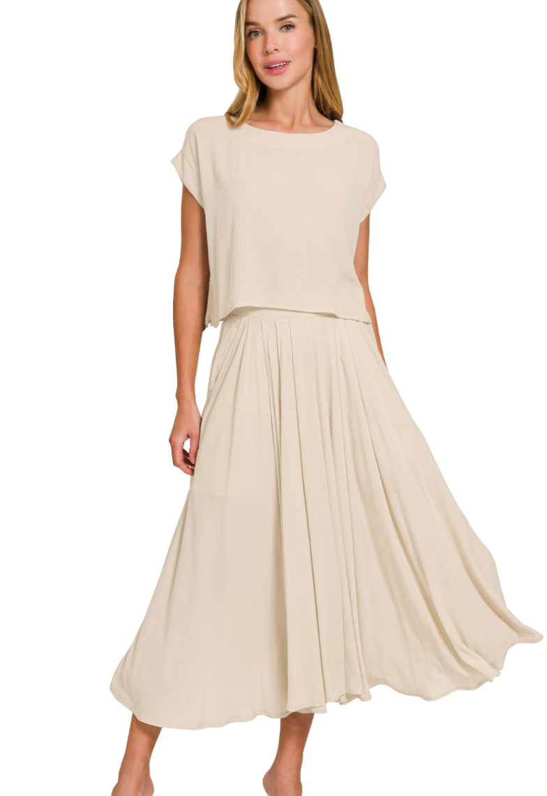 Zenana Sand Beige Woven Crop Tee & Skirt Set