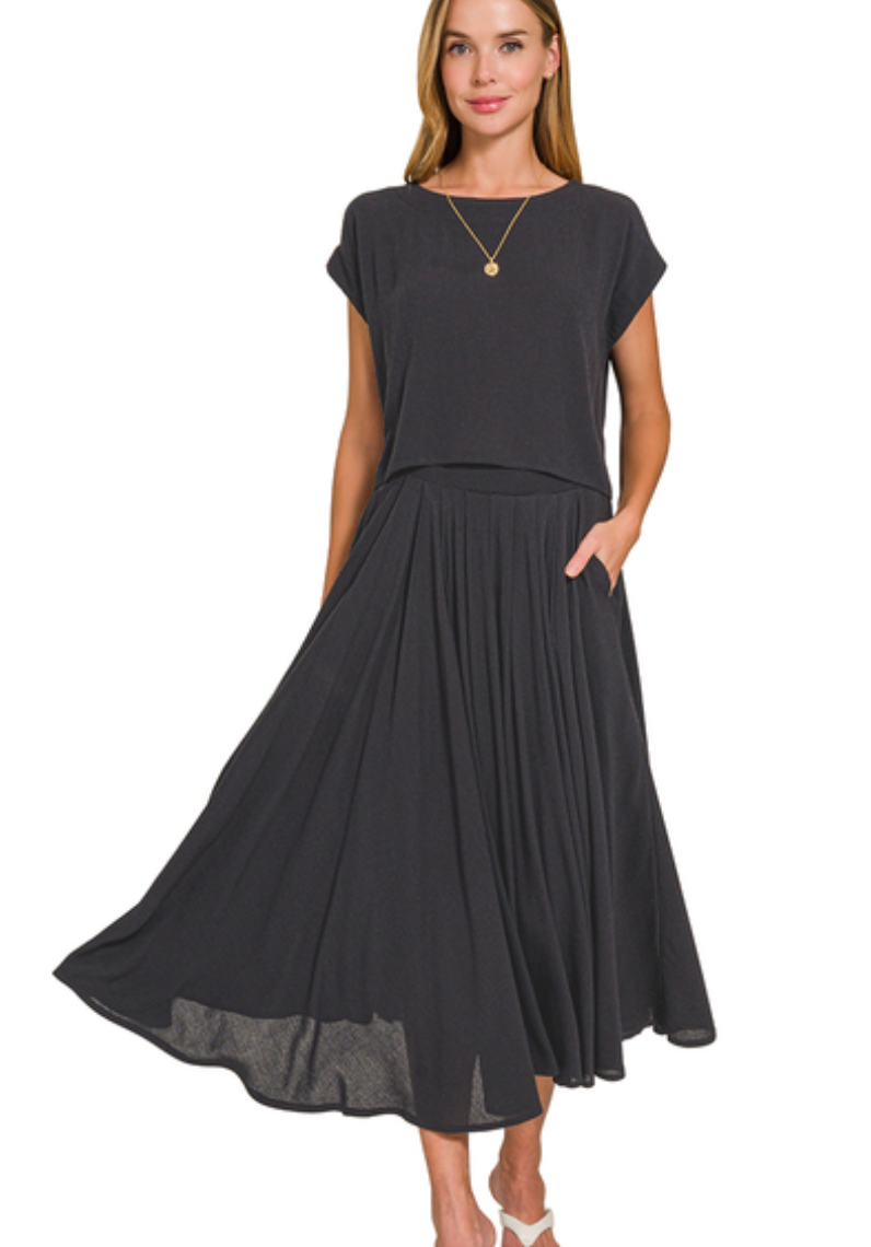 Zenana Black Woven Crop Tee & Skirt Set