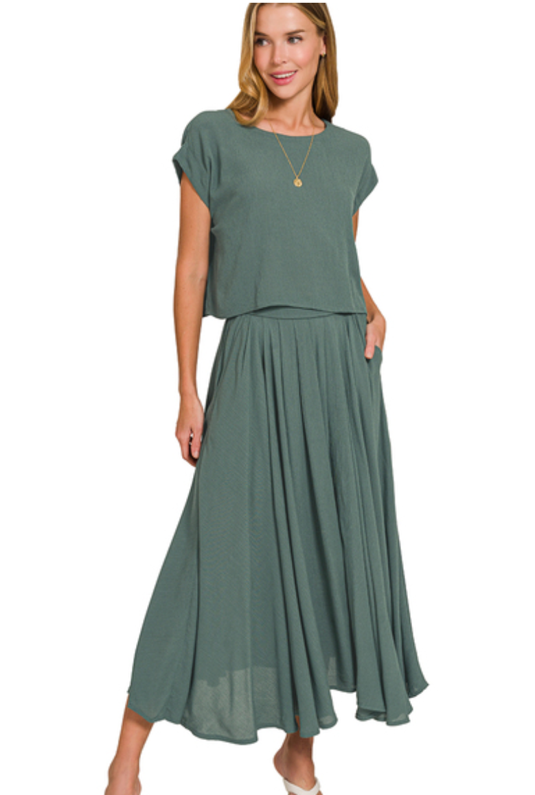Zenana Ash Jade Woven Crop Tee & Skirt Set