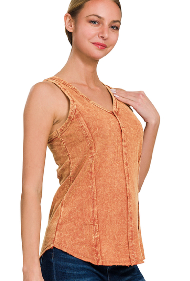 Zenana Rust Crinkle Washed French Terry Raw Edge Top