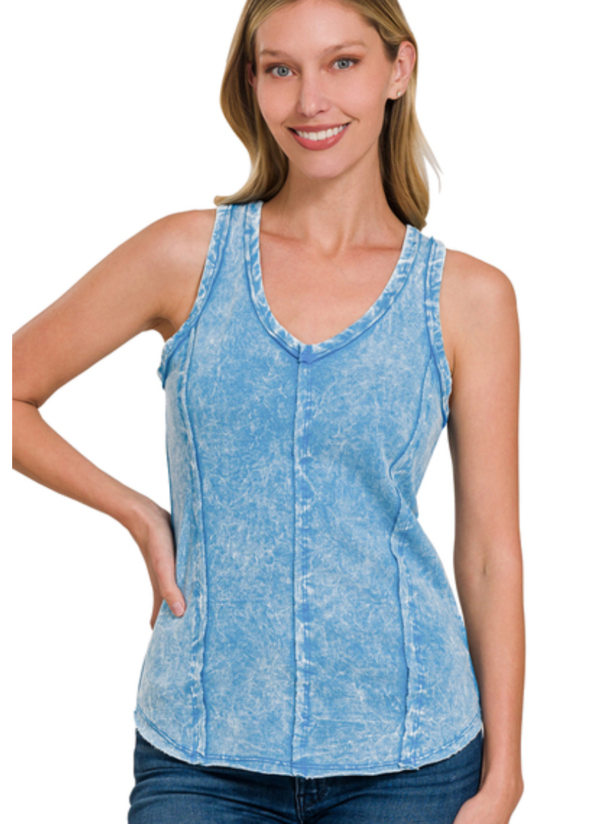 Zenana Ocean Blue Crinkle Washed French Terry Raw Edge Top