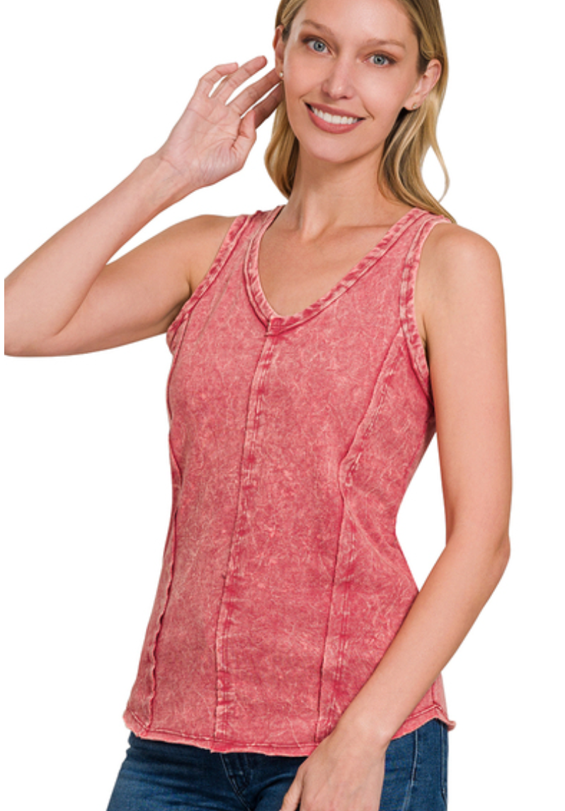 Zenana Cabernet Crinkle Washed French Terry Raw Edge Top