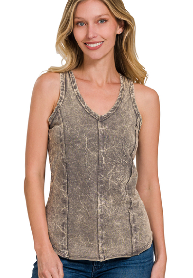 Zenana Mocha Grey Crinkle Washed French Terry Raw Edge Top