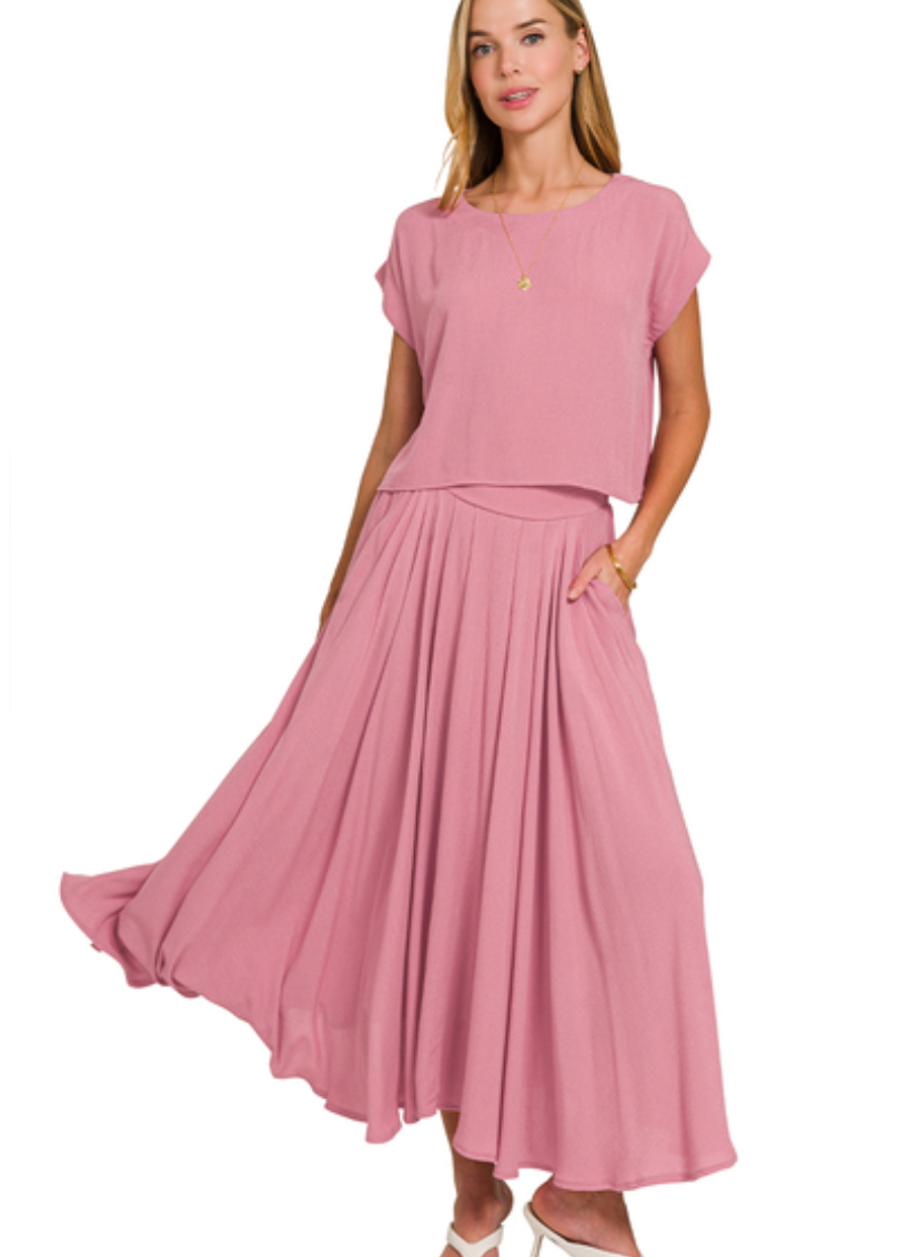 Zenana Light Rose Woven Crop Tee & Skirt Set