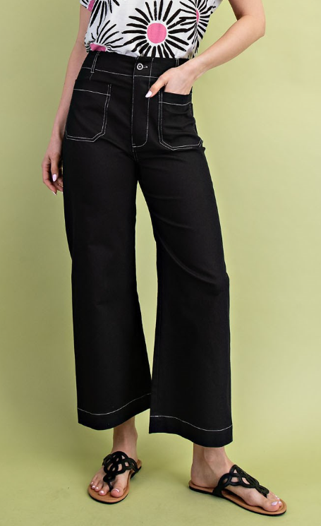 Black Cropped Wide Leg Pants with Contrast Stitching