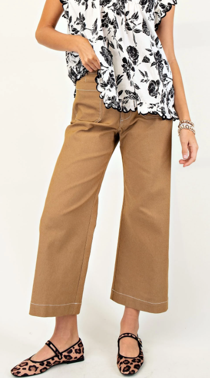 Khaki Cropped Wide Leg Pants with Contrast Stitching