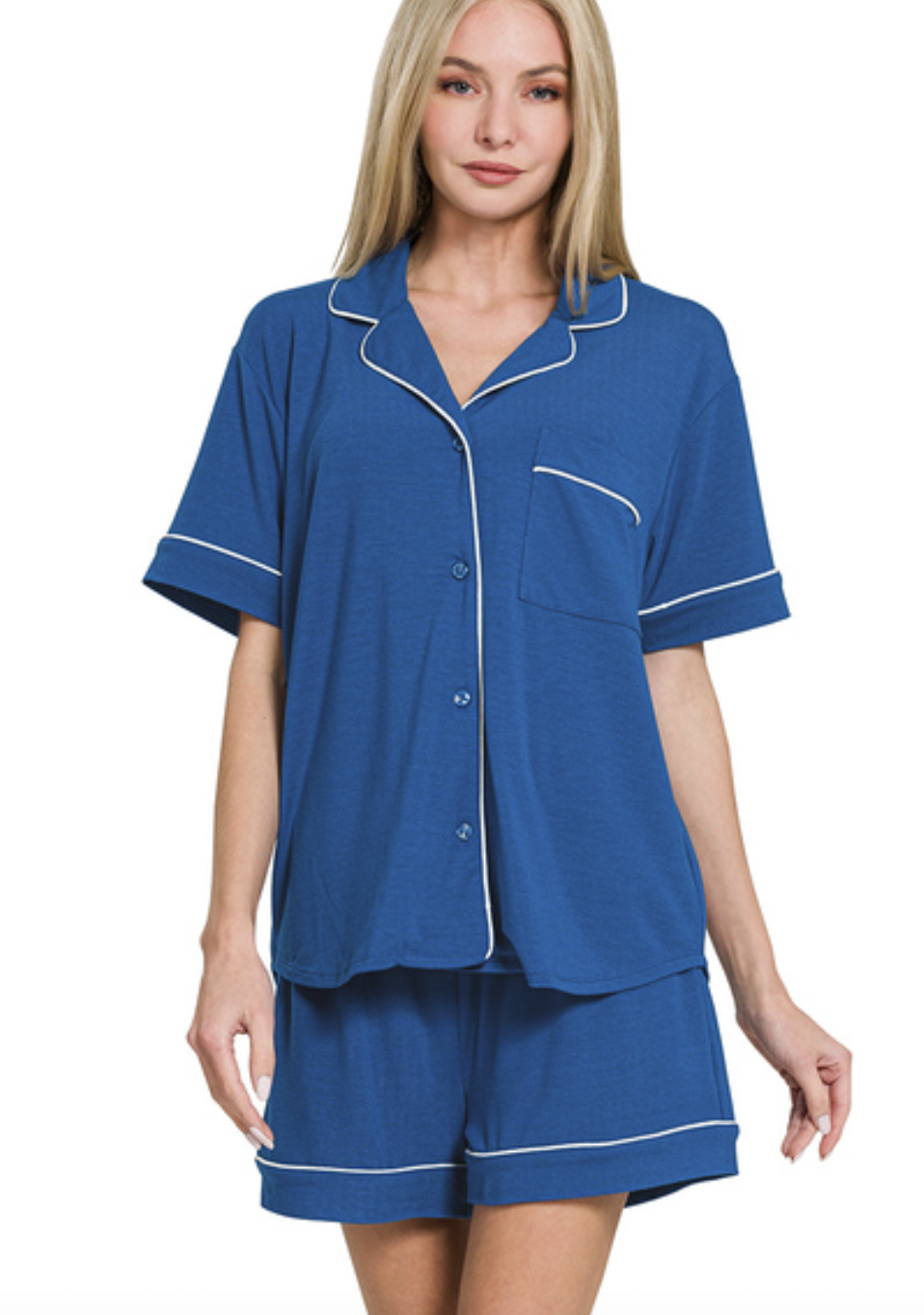 Zenana Classic Blue Short Sleeve Button Down Lounge Set