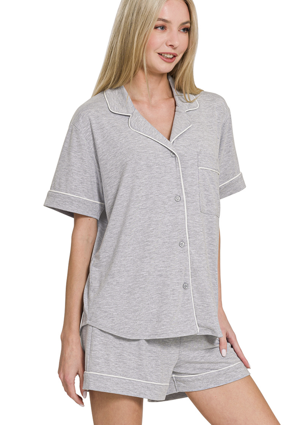 Zenana Heather Grey Short Sleeve Button Down Lounge Set