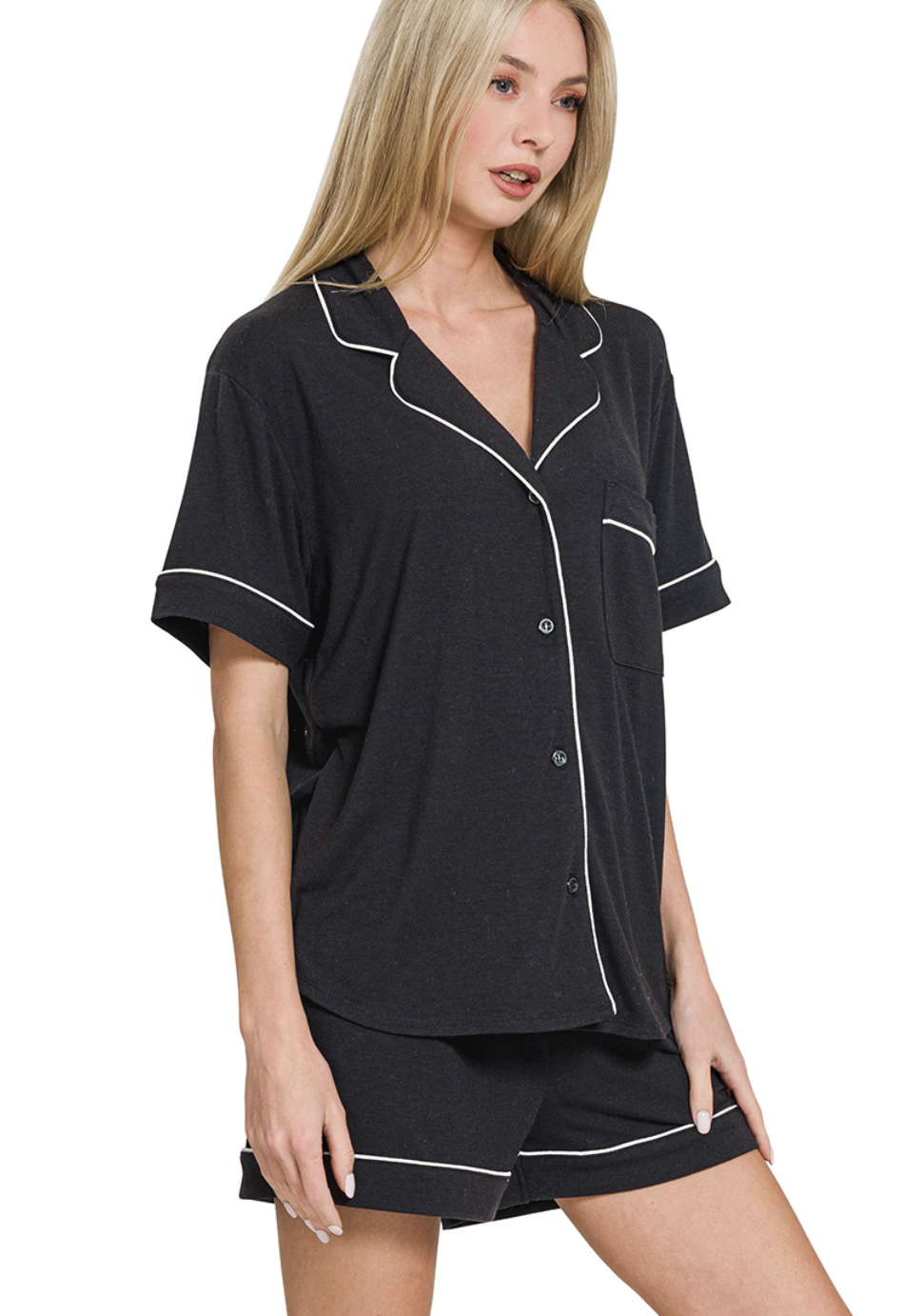 Zenana Black Short Sleeve Button Down Lounge Set