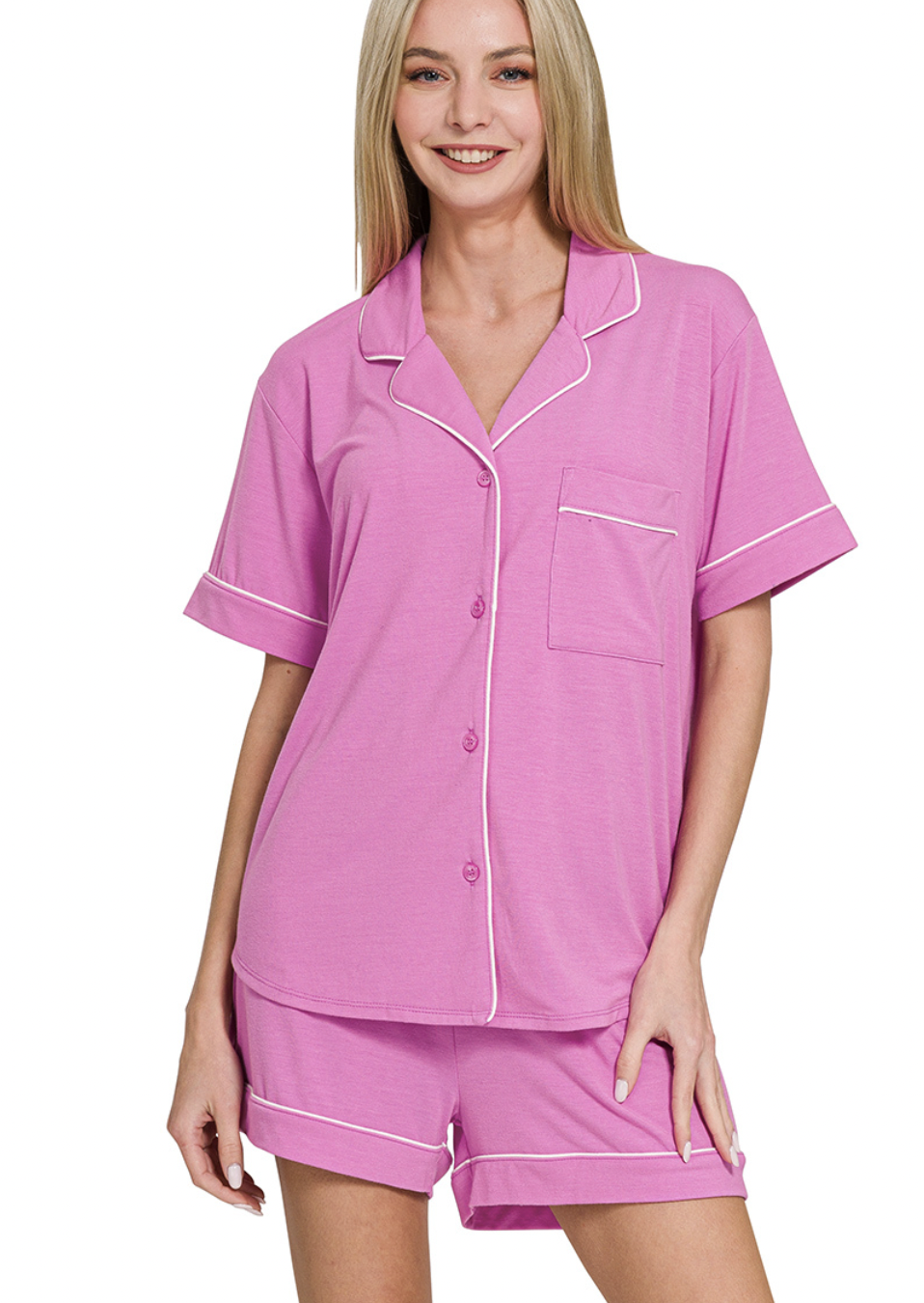 Zenana Bright Mauve Short Sleeve Button Down Lounge Set