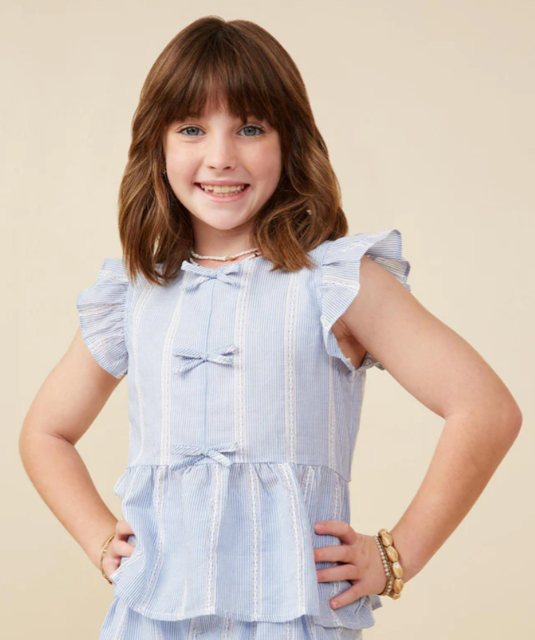 Hayden Girls Bow Detailed Crochet Lace Ruffle Tank- Blue