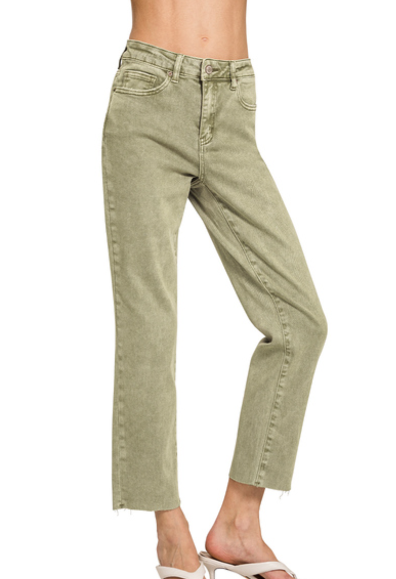 Zenana Lt. Olive Acid Washed Straight Pants