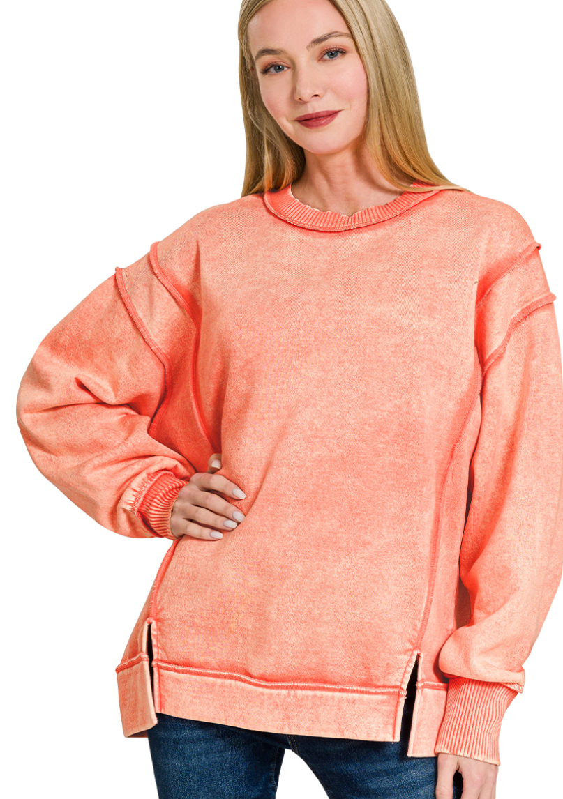 Zenana Coral Acid Wash Exposed Seam Fleece Sweatshirt