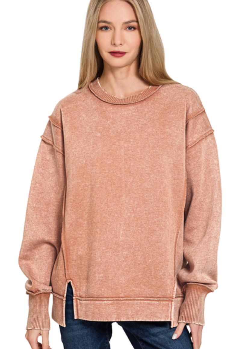 Zenana Rust Acid Wash Exposed Seam Fleece Sweatshirt