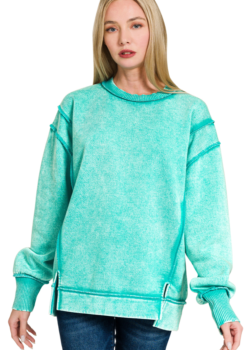 Zenana Turquoise Acid Wash Exposed Seam Fleece Sweatshirt