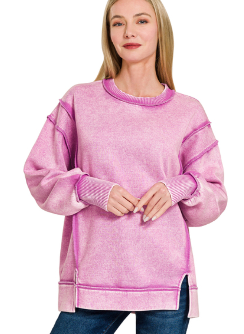 Zenana Mauve Acid Wash Exposed Seam Fleece Sweatshirt