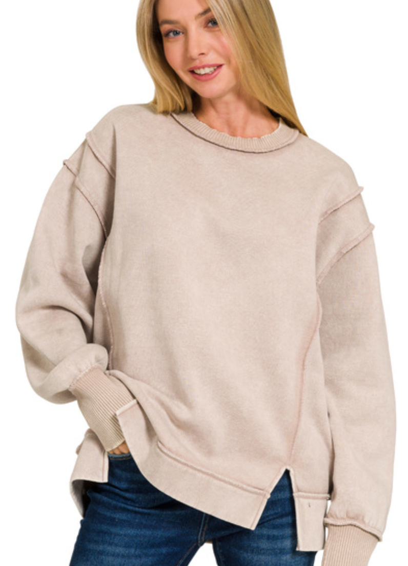 Zenana Ash Mocha Acid Wash Exposed Seam Fleece Sweatshirt