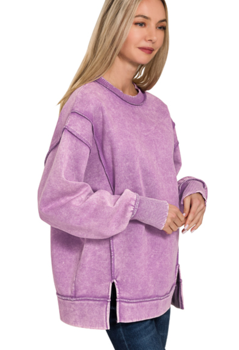 Zenana Violet Acid Wash Exposed Seam Fleece Sweatshirt