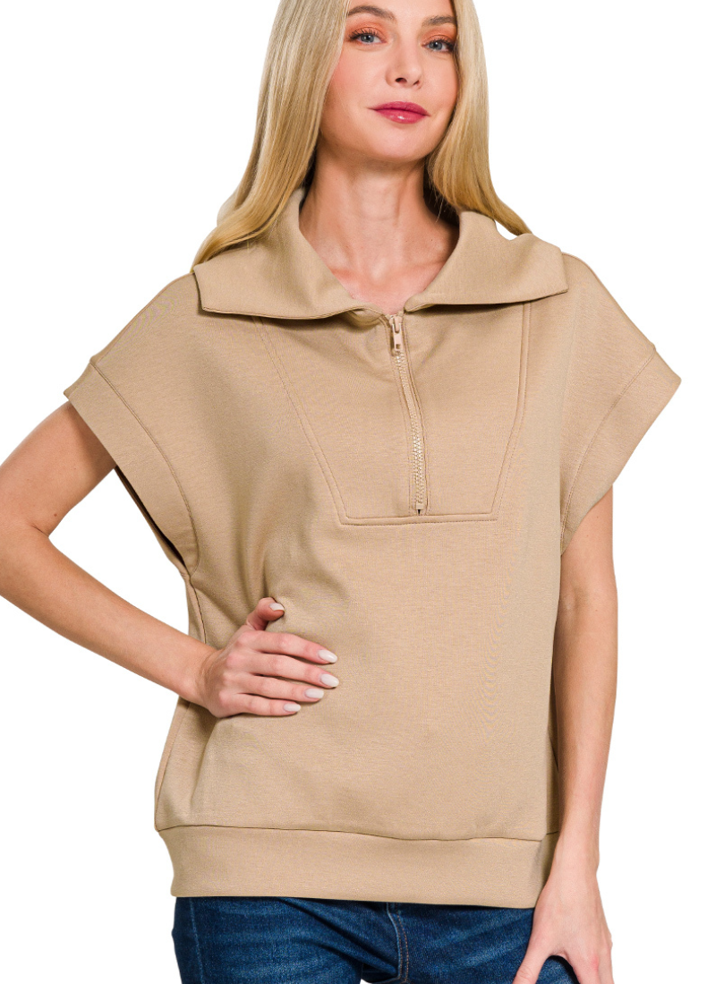Zenana Light Mocha Scuba Half Zip Top