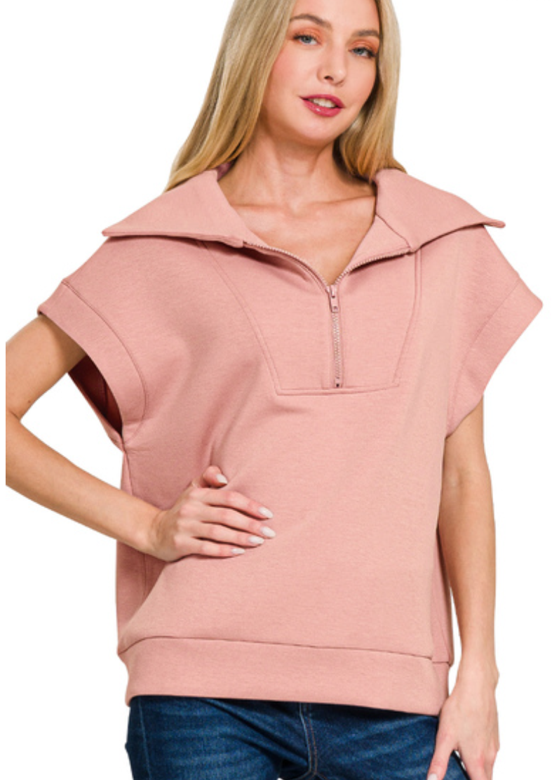 Zenana Light Rose Scuba Half Zip Top