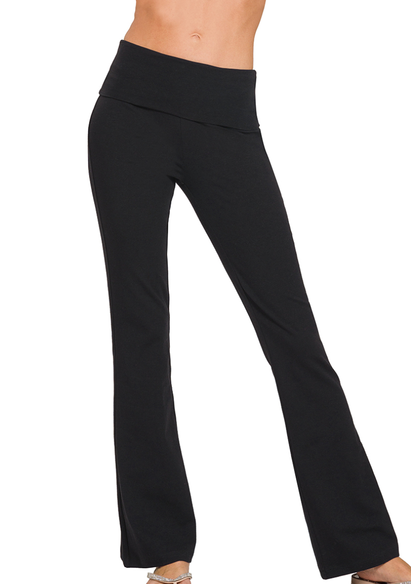 Zenana Cotton Fold Over Flare Leg Yoga Pants- Black