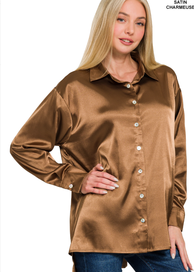 Zenana Satin Button Down Shirt- Deep Camel