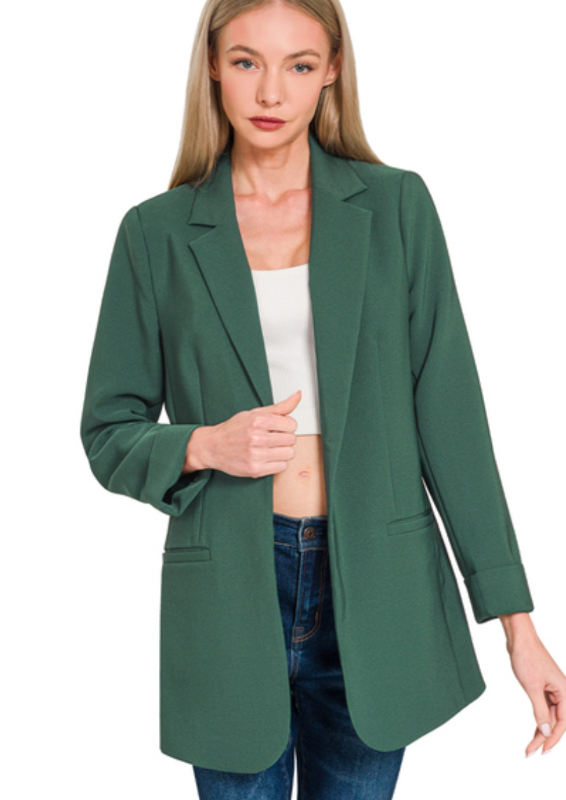 Zenana Woven Long Sleeve Blazer- Hunter Green