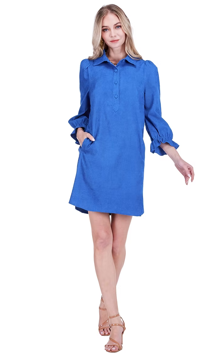 Joy Joy Placket Collar Dress- Royal Blue