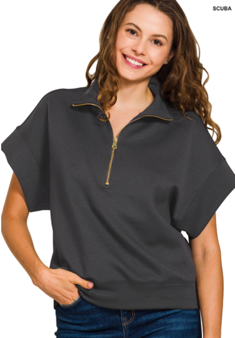 Zenana Black Scuba Half Zip Short Sleeve Pullover