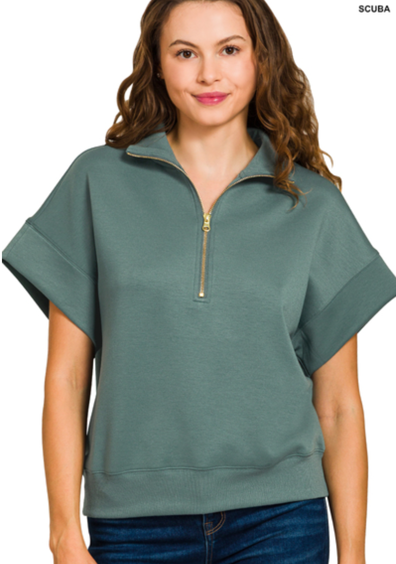 Zenana Ash Jade Scuba Half Zip Short Sleeve Pullover