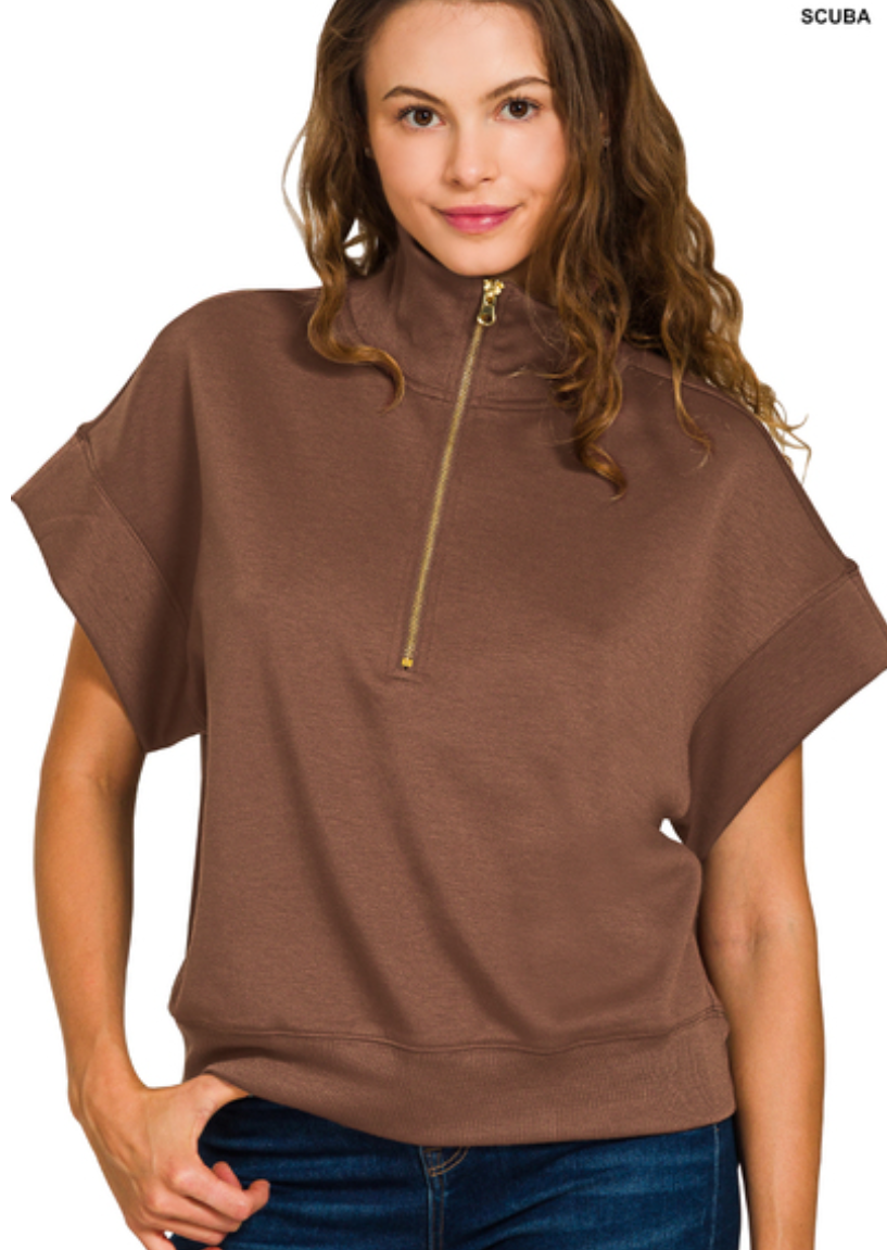 Zenana Brown Scuba Half Zip Short Sleeve Pullover