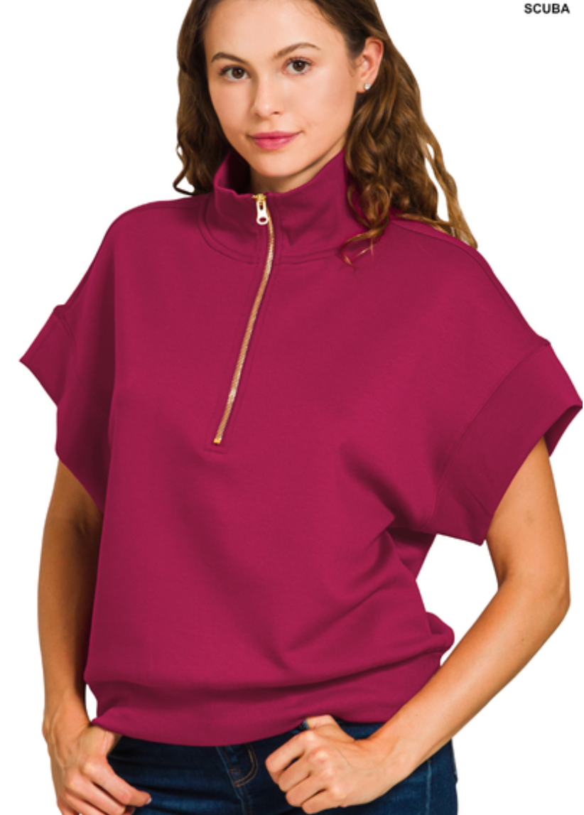 Zenana Cabernet Scuba Half Zip Short Sleeve Pullover