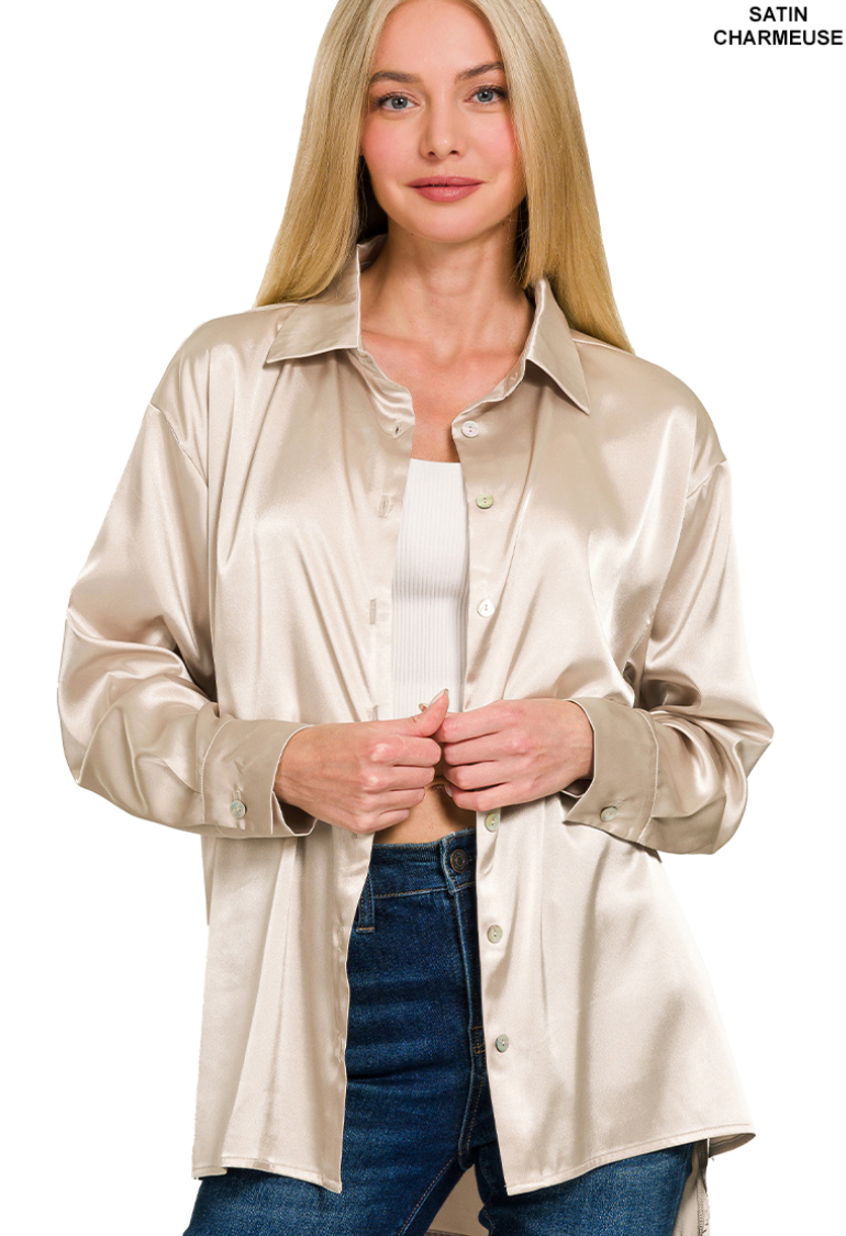 Zenana Satin Button Down Shirt- Sand Beige