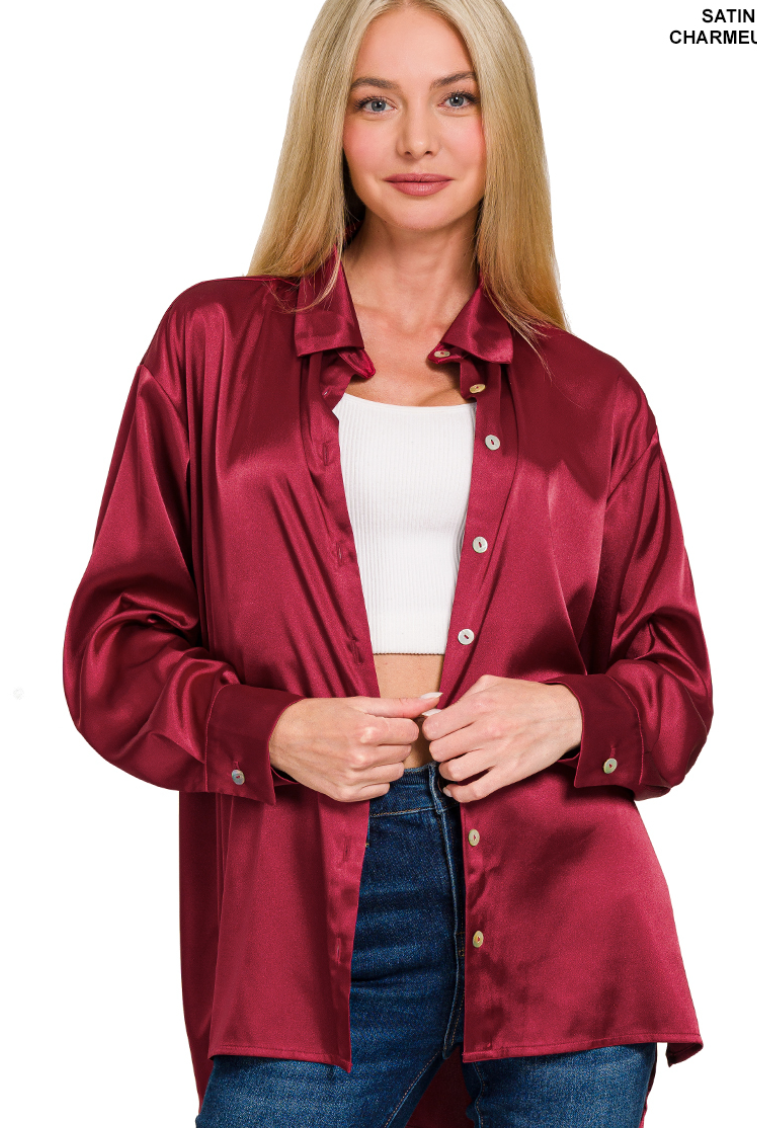 Zenana Satin Button Down Shirt- Burgundy