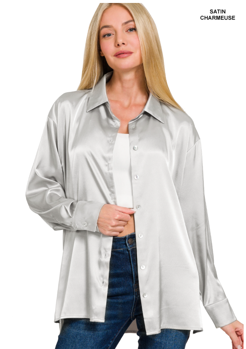 Zenana Satin Button Down Shirt- Silver