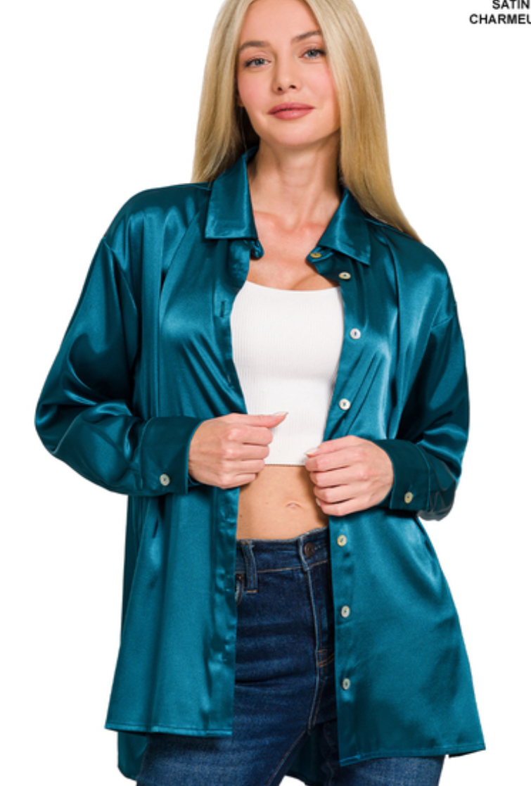 Zenana Satin Button Down Shirt- Teal